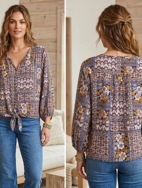 Collective Concepts Purple Floral Patchwork Tie-Front Blouse